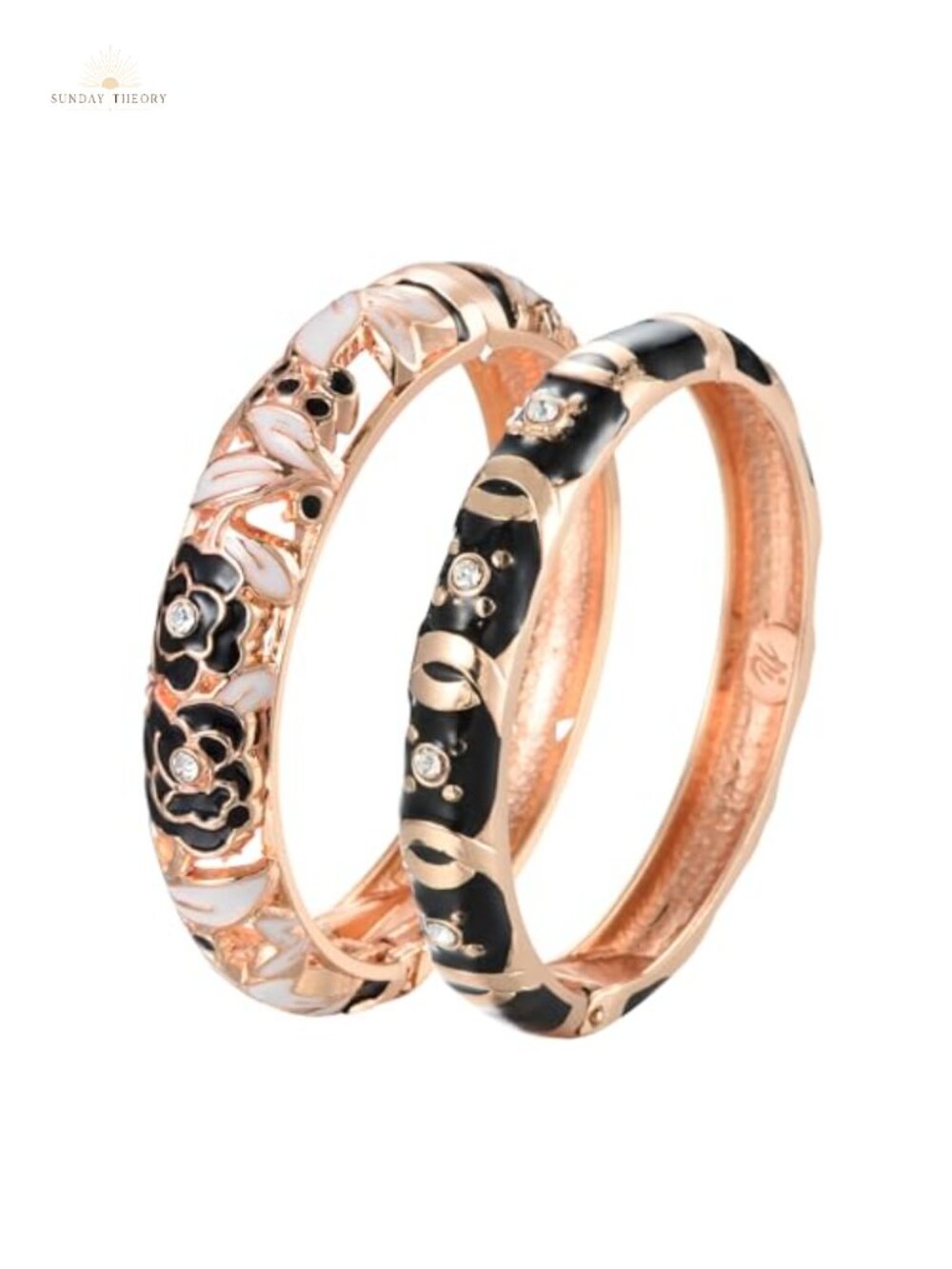 Cloisonne Enameled Rhinestone Rose Hinged Cuff Bracelet Set